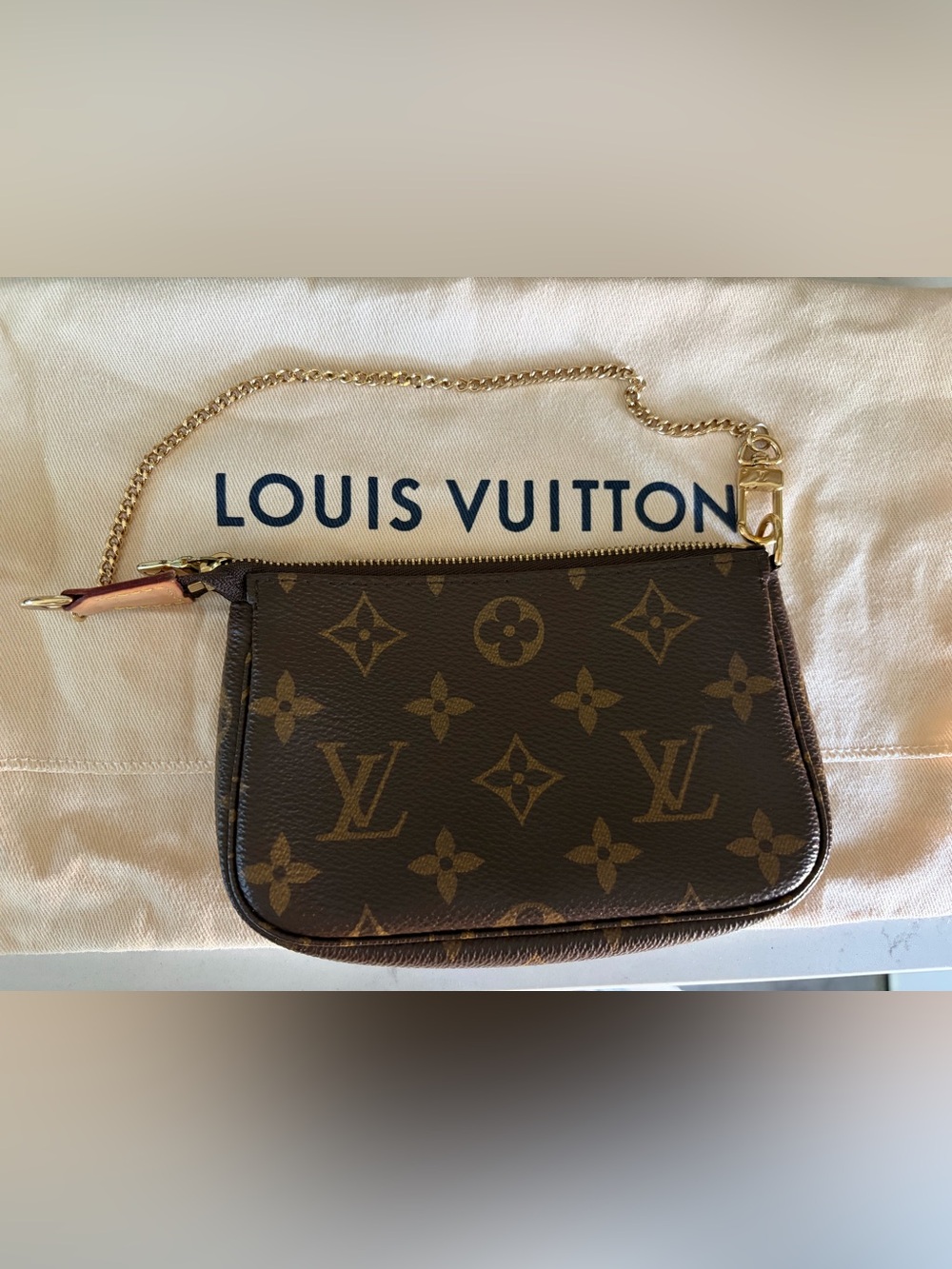 Louis Vuitton Monogram Canvas Mini Pochette with Gold Chain